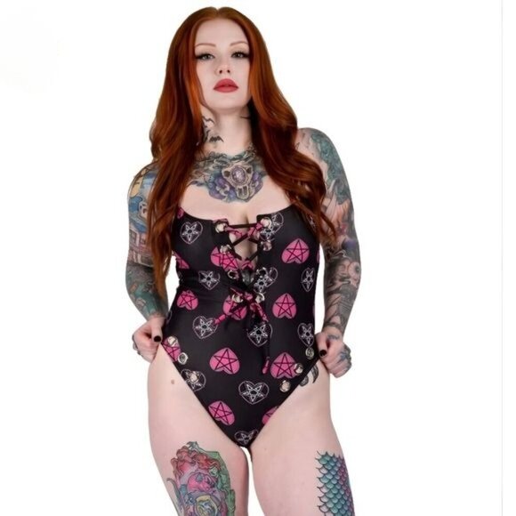 Too Fast ✦ Goth Hearts One-Piece ✦ Pentagram Ruffle Eyelet Pastel Goth Swimsuit - Picture 7 of 8
